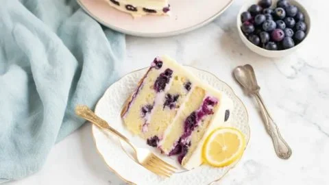 Slice of zesty lemon blueberry cake with fresh blueberries on top