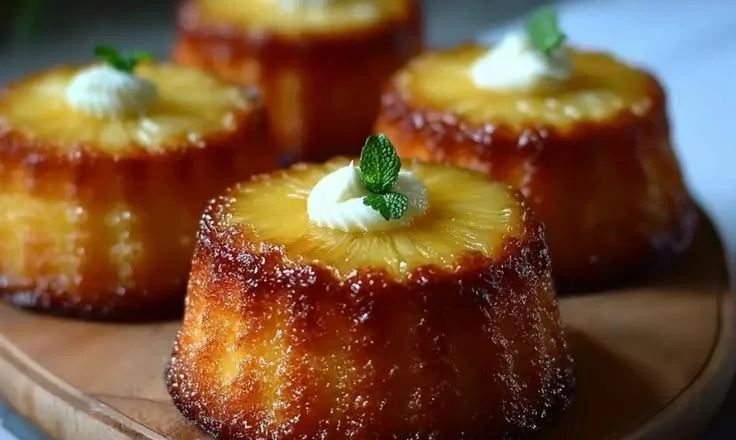 Mini pineapple mascarpone upside-down cakes on a wooden table