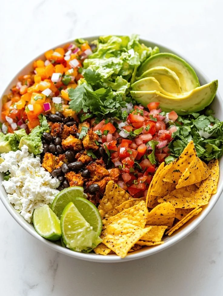 Roasted taco bowl with crispy chips and fresh toppings served in a bowl