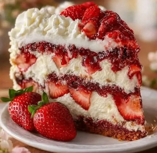 Strawberries and cream layer cheesecake with fresh strawberries on top