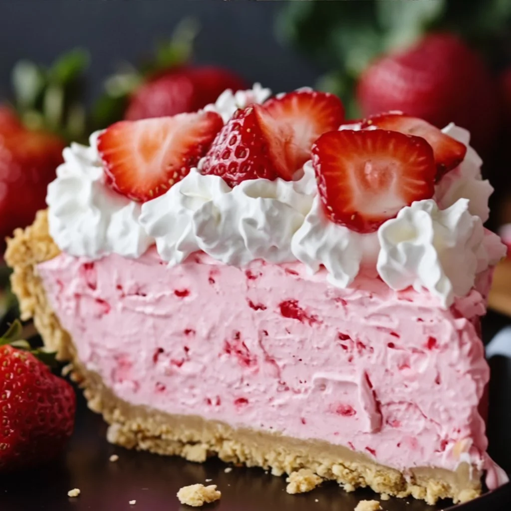 Delicious Strawberry Cool Whip Pie adorned with fresh strawberries and whipped cream