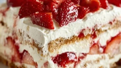 Delicious Strawberry Cream Cheese Icebox Cake served on a plate with fresh strawberries
