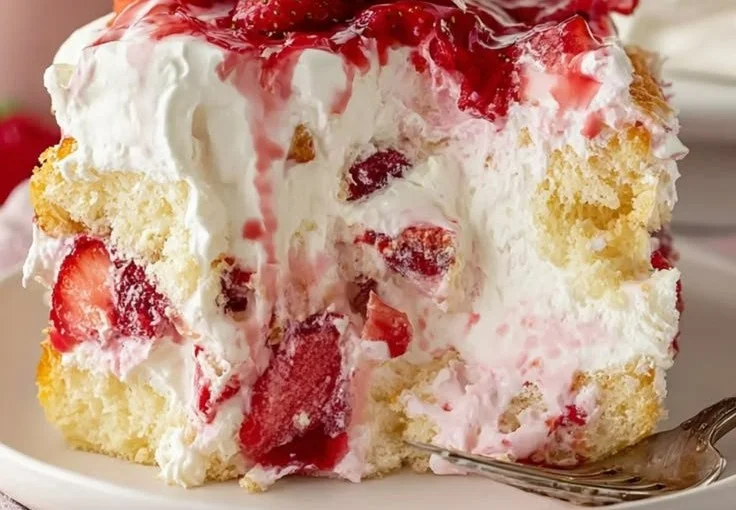 Delicious Strawberry Heaven on Earth Cake topped with fresh strawberries and cream