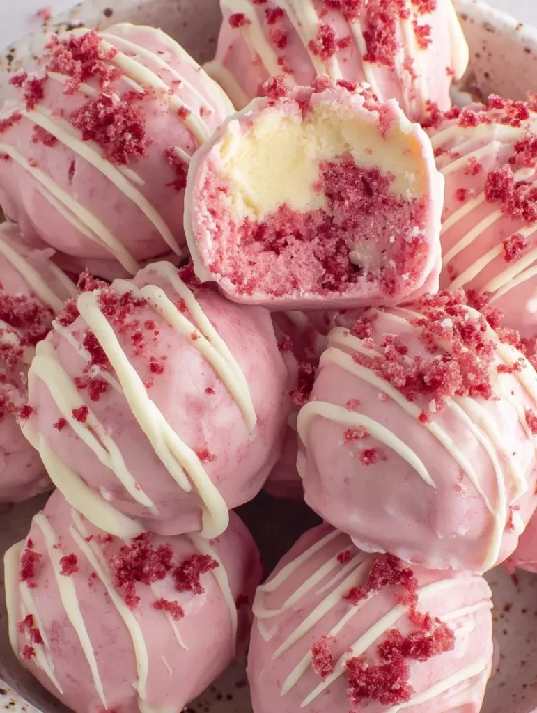 Delicious Strawberry Shortcake Truffles ready to be enjoyed as a sweet treat.